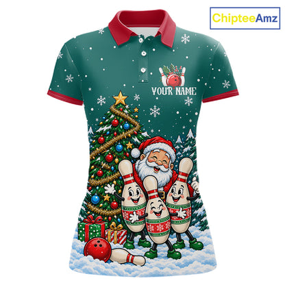 Personalized Christmas Women Bowling Polo Shirt Quarter Zip Green Santa Tree Pins Sportswear NHT1830