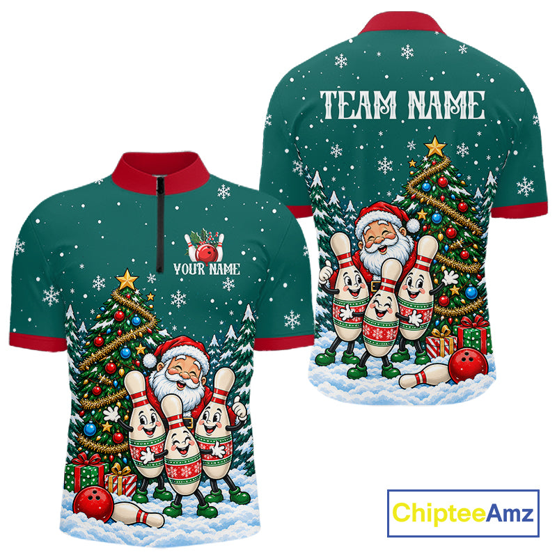 Personalized Christmas Men Bowling Polo Shirt Quarter Zip Green Santa Tree Pins Sportswear NHT1830