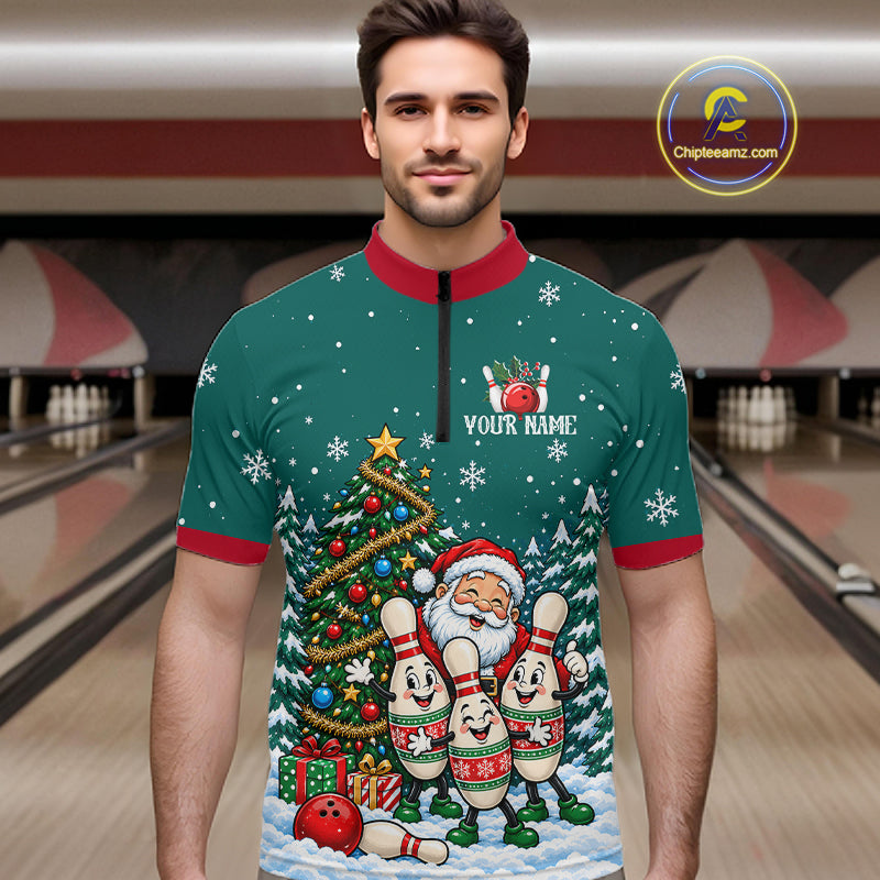 Personalized Christmas Men Bowling Polo Shirt Quarter Zip Green Santa Tree Pins Sportswear NHT1830