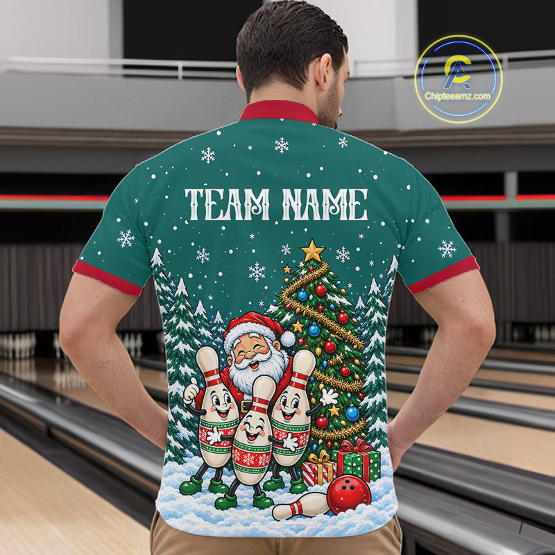Personalized Christmas Men Bowling Polo Shirt Quarter Zip Green Santa Tree Pins Sportswear NHT1830