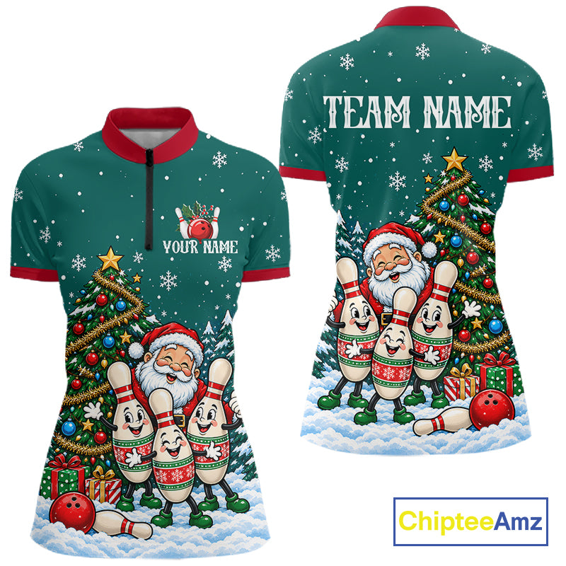 Personalized Christmas Women Bowling Polo Shirt Quarter Zip Green Santa Tree Pins Sportswear NHT1830