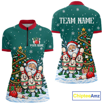 Personalized Christmas Women Bowling Polo Shirt Quarter Zip Green Santa Tree Pins Sportswear NHT1830