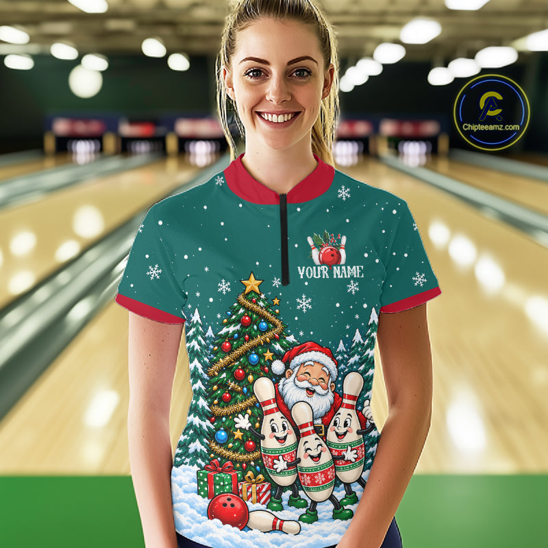 Personalized Christmas Women Bowling Polo Shirt Quarter Zip Green Santa Tree Pins Sportswear NHT1830