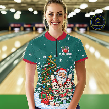 Personalized Christmas Women Bowling Polo Shirt Quarter Zip Green Santa Tree Pins Sportswear NHT1830