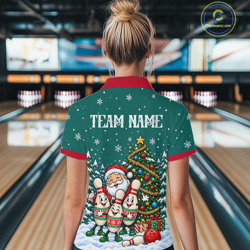 Personalized Christmas Women Bowling Polo Shirt Quarter Zip Green Santa Tree Pins Sportswear NHT1830