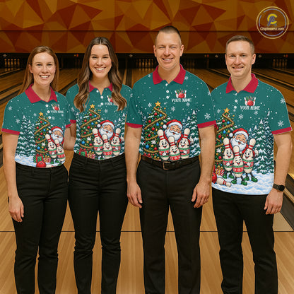 Personalized Christmas Men Bowling Polo Shirt Quarter Zip Green Santa Tree Pins Sportswear NHT1830