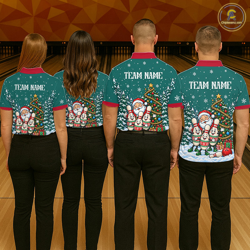 Personalized Christmas Men Bowling Polo Shirt Quarter Zip Green Santa Tree Pins Sportswear NHT1830
