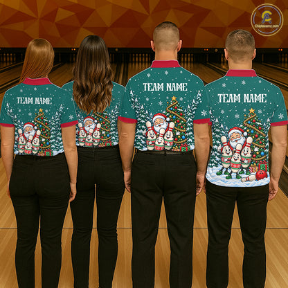 Personalized Christmas Men Bowling Polo Shirt Quarter Zip Green Santa Tree Pins Sportswear NHT1830