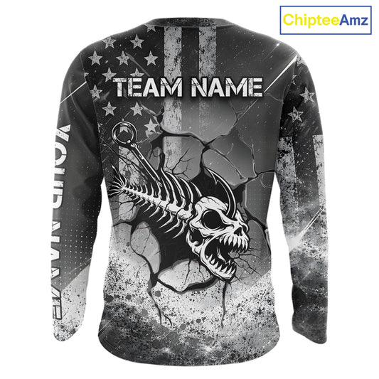 American Flag Fishing Fish Hook Skull Personalized Fishing Shirts, Patriotic Fishing Shirt Gift For Men NHT665