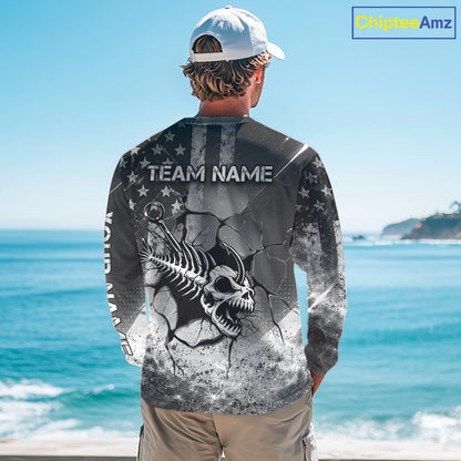 American Flag Fishing Fish Hook Skull Personalized Fishing Shirts, Patriotic Fishing Shirt Gift For Men NHT665