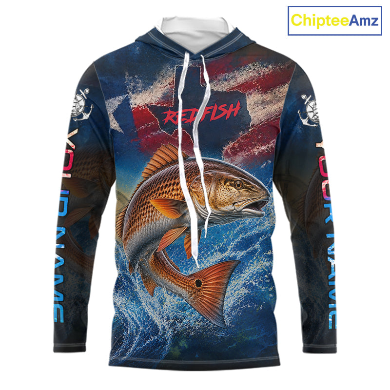 Texas Flag Redfish Long Sleeve Hooded Fishing Jersey, Red Drum Saltwater Performance UV Shirt For Men 