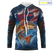 Load image into Gallery viewer, Texas Flag Redfish Long Sleeve Hooded Fishing Jersey, Red Drum Saltwater Performance UV Shirt For Men 