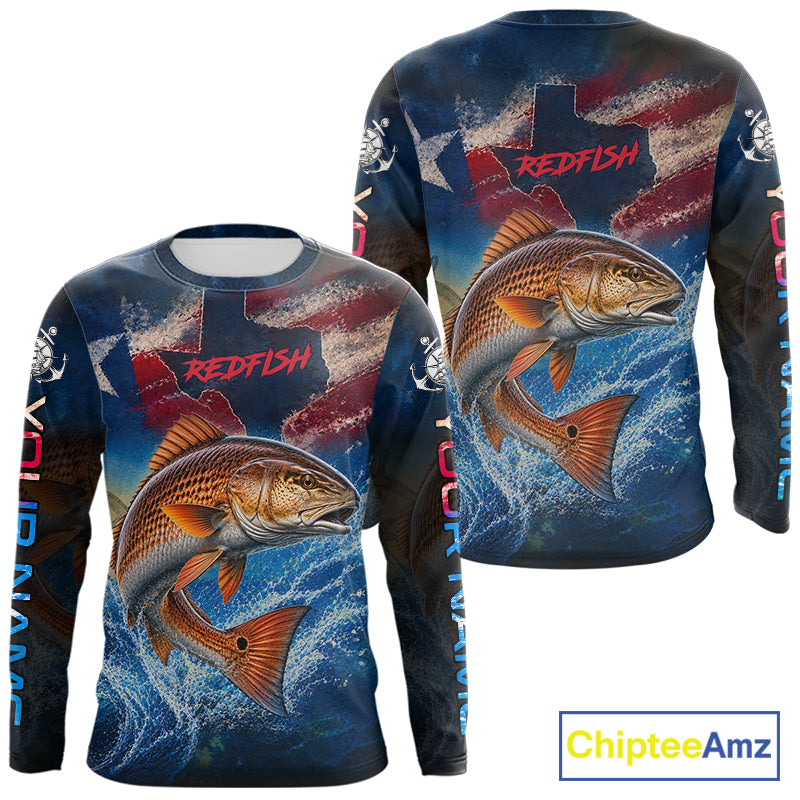 Texas Flag Redfish Long Sleeve Fishing Jersey, Red Drum Saltwater Performance UV Shirt For Men 