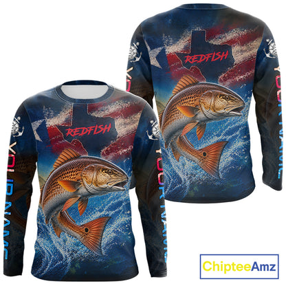 Texas Flag Redfish Long Sleeve Fishing Jersey, Red Drum Saltwater Performance UV Shirt For Men 
