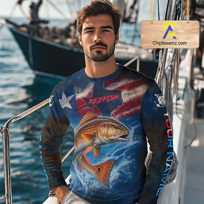 Texas Flag Redfish Long Sleeve Fishing Jersey, Red Drum Saltwater Performance UV Shirt For Men 