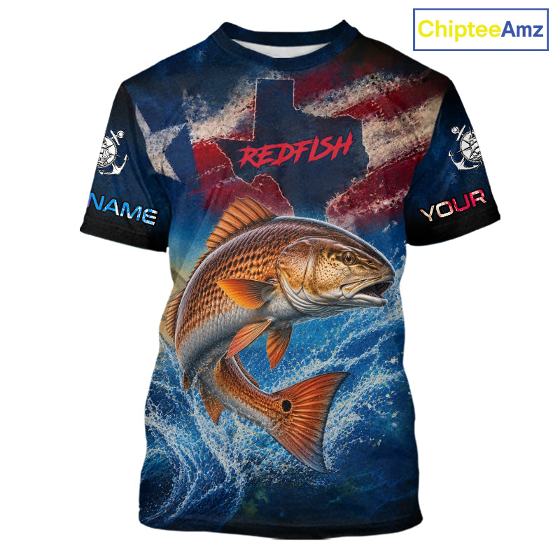 Texas Flag Redfish Short Sleeve Fishing T-Shirts Fishing Jersey, Red Drum Saltwater Performance UV Shirt For Men 
