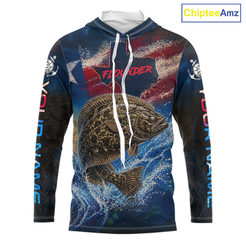 Texas Flag Flounder Long Sleeve Hooded Fishing Jersey, Flounder Saltwater Performance UV Shirt For Men 