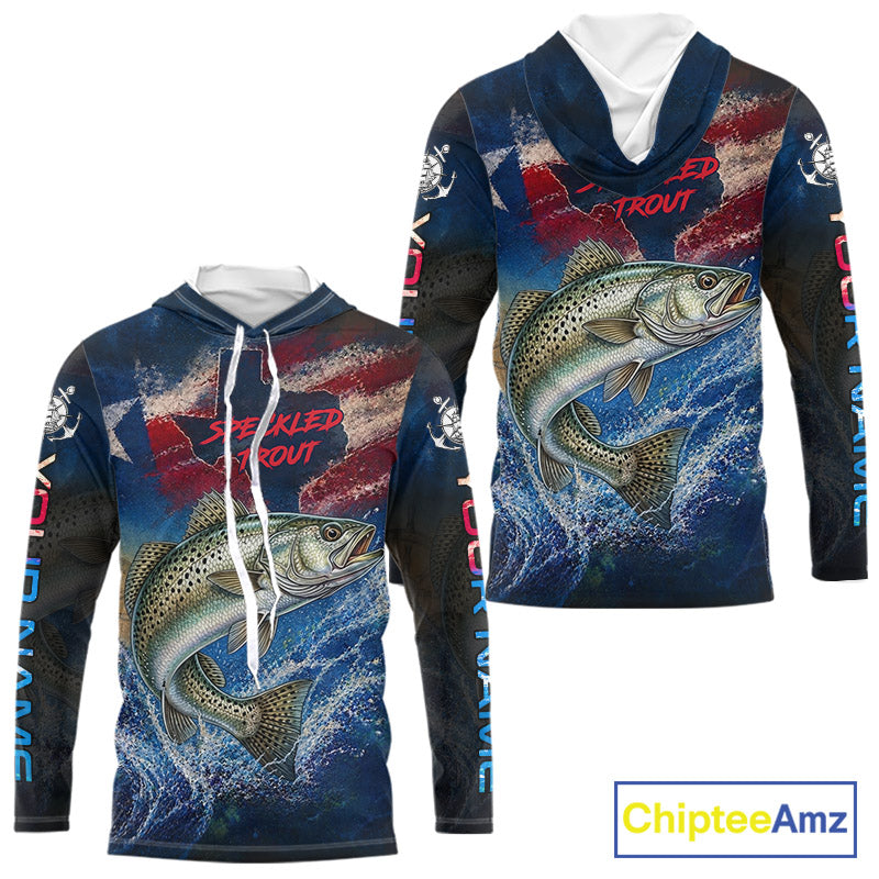 Texas Flag Speckled Trout Long Sleeve Hooded Fishing Jersey, Trout Saltwater Performance UV Shirt For Men 