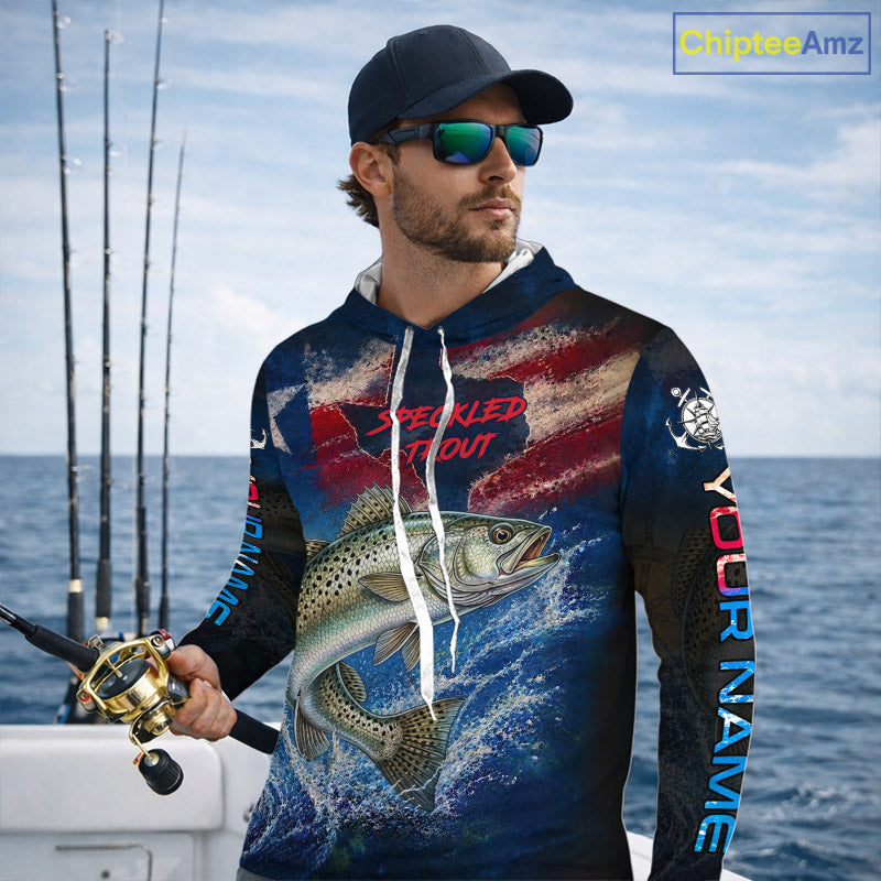 Texas Flag Speckled Trout Long Sleeve Hooded Fishing Jersey, Trout Saltwater Performance UV Shirt For Men 
