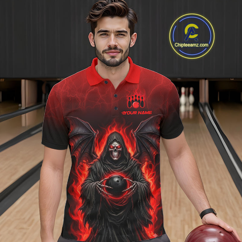 A man wearing a custom short-sleeve polo shirt with a red and black fiery grim reaper graphic, standing in a bowling alley holding a bowling ball. The shirt features a red collar, a red-to-black gradient background, and a graphic of a hooded reaper holding a bowling ball surrounded by flames.