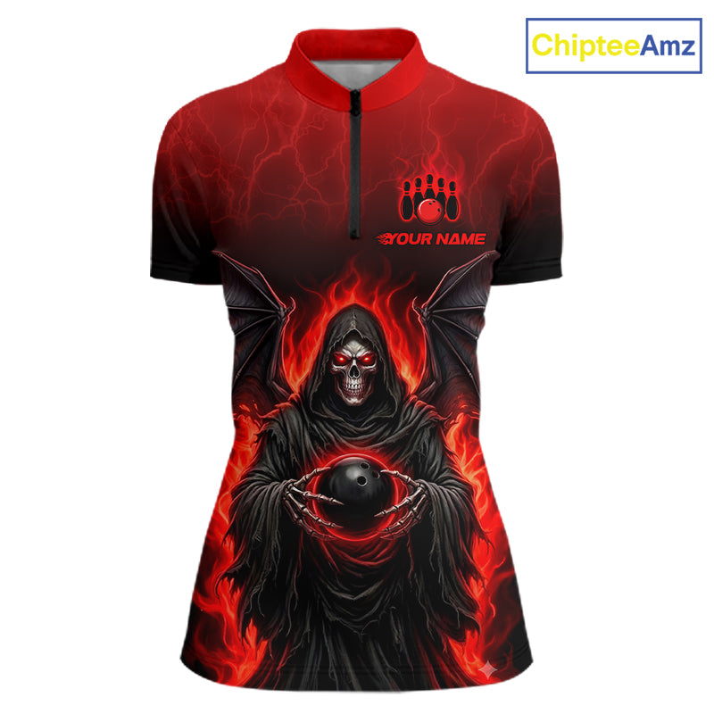 A women's short-sleeve quarter-zip performance shirt with a red and black gradient background and a detailed graphic of a hooded grim reaper holding a bowling ball. The shirt features a red collar, a red quarter-zip, a custom name placeholder on the chest, and a paw print graphic above it.