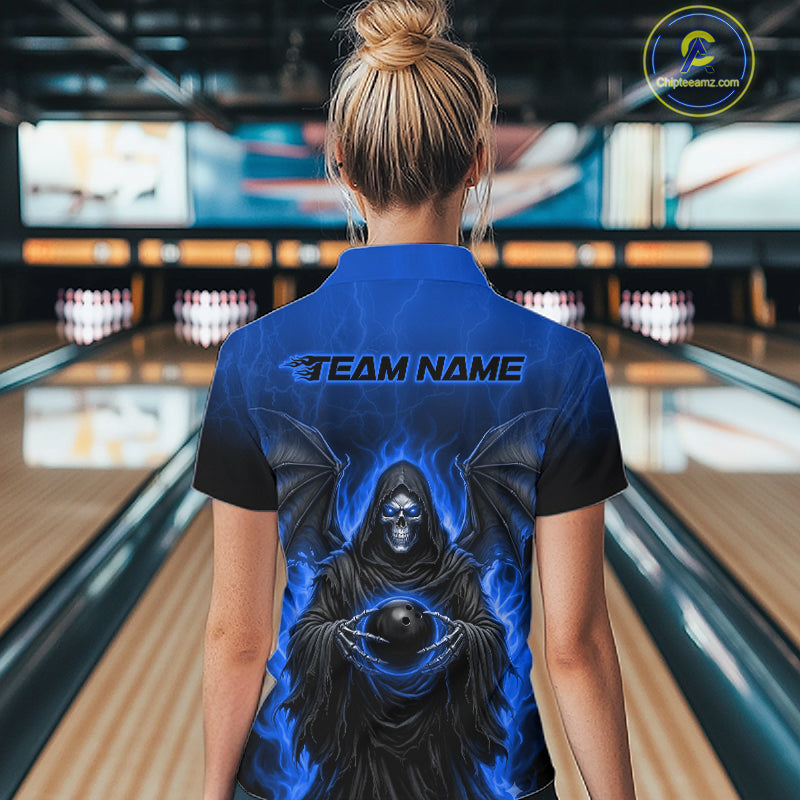A woman viewed from behind wearing a custom bowling shirt with a blue and black Grim Reaper graphic on the back, standing in a bowling alley.