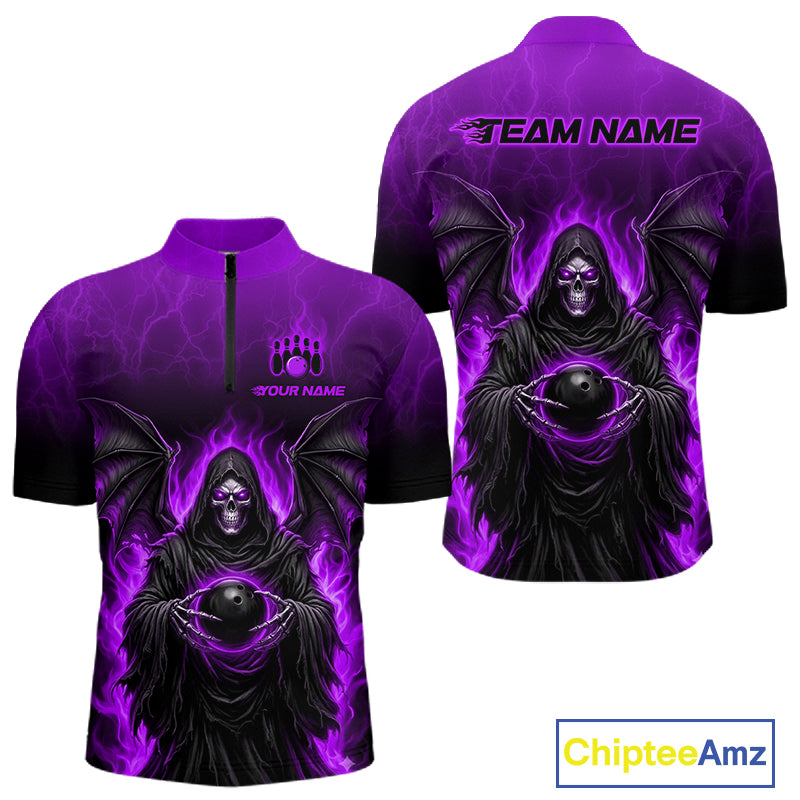 A short-sleeve cycling jersey shown from both front and back on a white background. The jersey features a dark grim reaper graphic surrounded by vivid purple flames and lightning, with customizable text placeholders 'TEAM NAME' and 'YOUR NAME'.