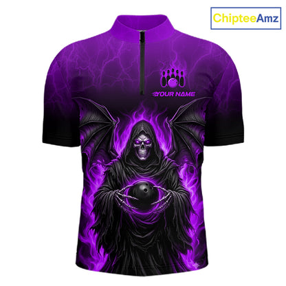 A short-sleeve cycling jersey with a purple and black graphic of a hooded grim reaper holding a bowling ball, with purple lightning effects. Features a mock neck, black zipper, and a customizable name print on the chest.