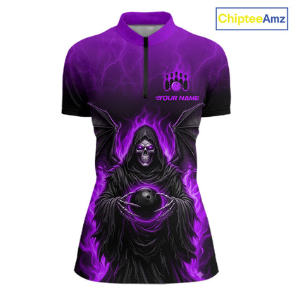 A women's short-sleeve quarter-zip performance shirt in purple and black, featuring a graphic of a hooded grim reaper holding a bowling ball with purple flames, on a white background with a ChipteeAmz logo in the top right.