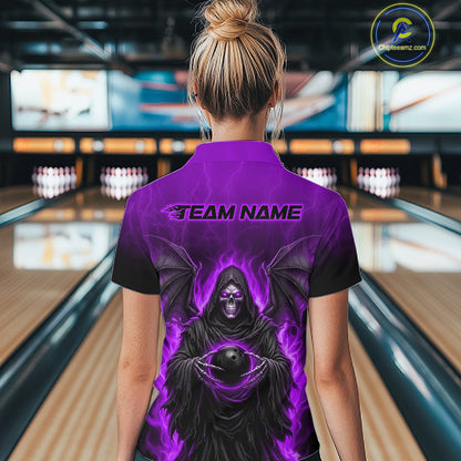 Personalized Grim Reaper Women Bowling Polo Shirt, Custom Team Name 1/4 Zip Bowling Jersey|Purple NHT1322