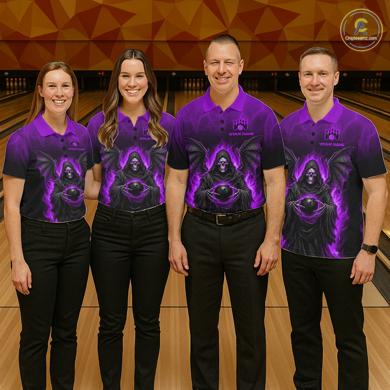 Personalized Grim Reaper Women Bowling Polo Shirt, Custom Team Name 1/4 Zip Bowling Jersey|Purple NHT1322
