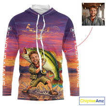 Load image into Gallery viewer, Custom Father's Day Hooded Bass Fishing Shirts Long Sleeve With Face, Personalized Funny Dad Fishing Button Shirt NHT679