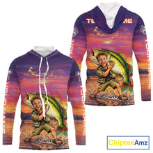 Load image into Gallery viewer, Custom Father's Day Hooded Bass Fishing Shirts Long Sleeve With Face, Personalized Funny Dad Fishing Button Shirt NHT679