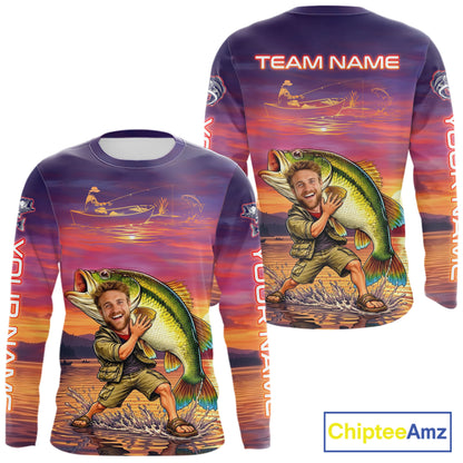 Custom Fathers Day Bass Fishing Shirts Long Sleeve With Face, Personalized Funny Dad Fishing Button Shirt NHT679
