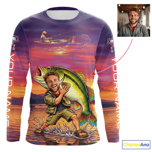 Custom Fathers Day Bass Fishing Shirts Long Sleeve With Face, Personalized Funny Dad Fishing Button Shirt NHT679
