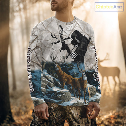 Blue Bowhunting Deer Camouflage Personalized Hunting Bow Grim Reaper Shirt NHT16
