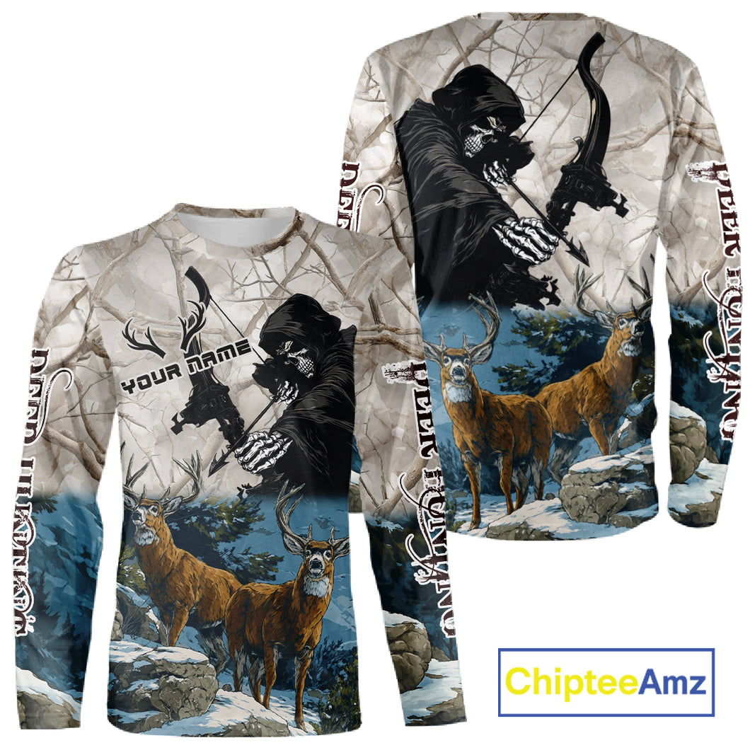Blue Bowhunting Deer Camouflage Personalized Hunting Bow Grim Reaper Shirt NHT16