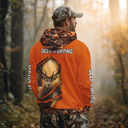 Deer Hunting Shirt Orange Forest Camo Hoodie, Long Sleeve Custom Name For Men NHT06