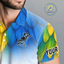 Load image into Gallery viewer, Close up of personalized pirate parrot mens golf polo shirt, custom name area, breathable polyester fabric.