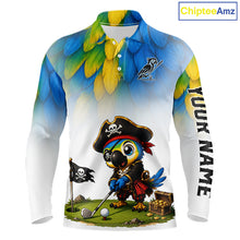 Load image into Gallery viewer, Mens golf polo shirt with pirate parrot graphic, custom name and team, sporty fit.