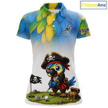 Load image into Gallery viewer, Personalized pirate parrot womens golf polo shirt, custom pirate bird golf jersey, front view.