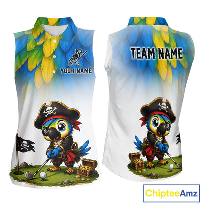 Womens sleeveless golf polo shirt with pirate parrot graphic, personalized name and team, sporty pirate bird golf top.