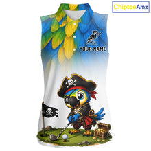 Load image into Gallery viewer, Personalized pirate parrot womens sleeveless golf polo shirt, custom pirate bird golf jersey, printed front view.