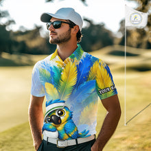 Load image into Gallery viewer, Cute bird hugging golf ball printed mens golf polo shirt, personalized golf outfit, side view.