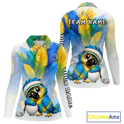 Close up of personalized parrot womens golf polo shirt, custom name area, breathable polyester fabric