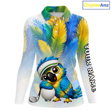 Load image into Gallery viewer, Cute bird hugging golf ball printed womens golf polo shirt, personalized golf outfit, side view.
