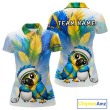 Load image into Gallery viewer, Womens golf polo shirt with parrot hugging golf ball design, custom name and team, golf lover gift.