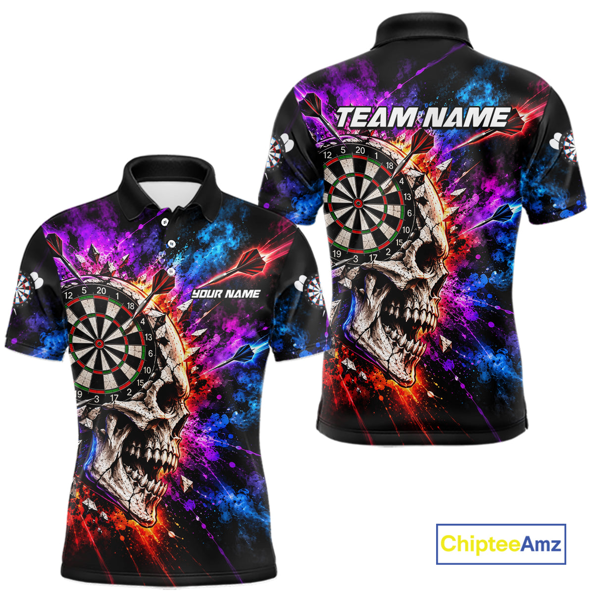 Colorful Splash Skull Darts Polo 1/4-Zip Shirt For Men Personalized Dart Player Match Jersey NHT1649