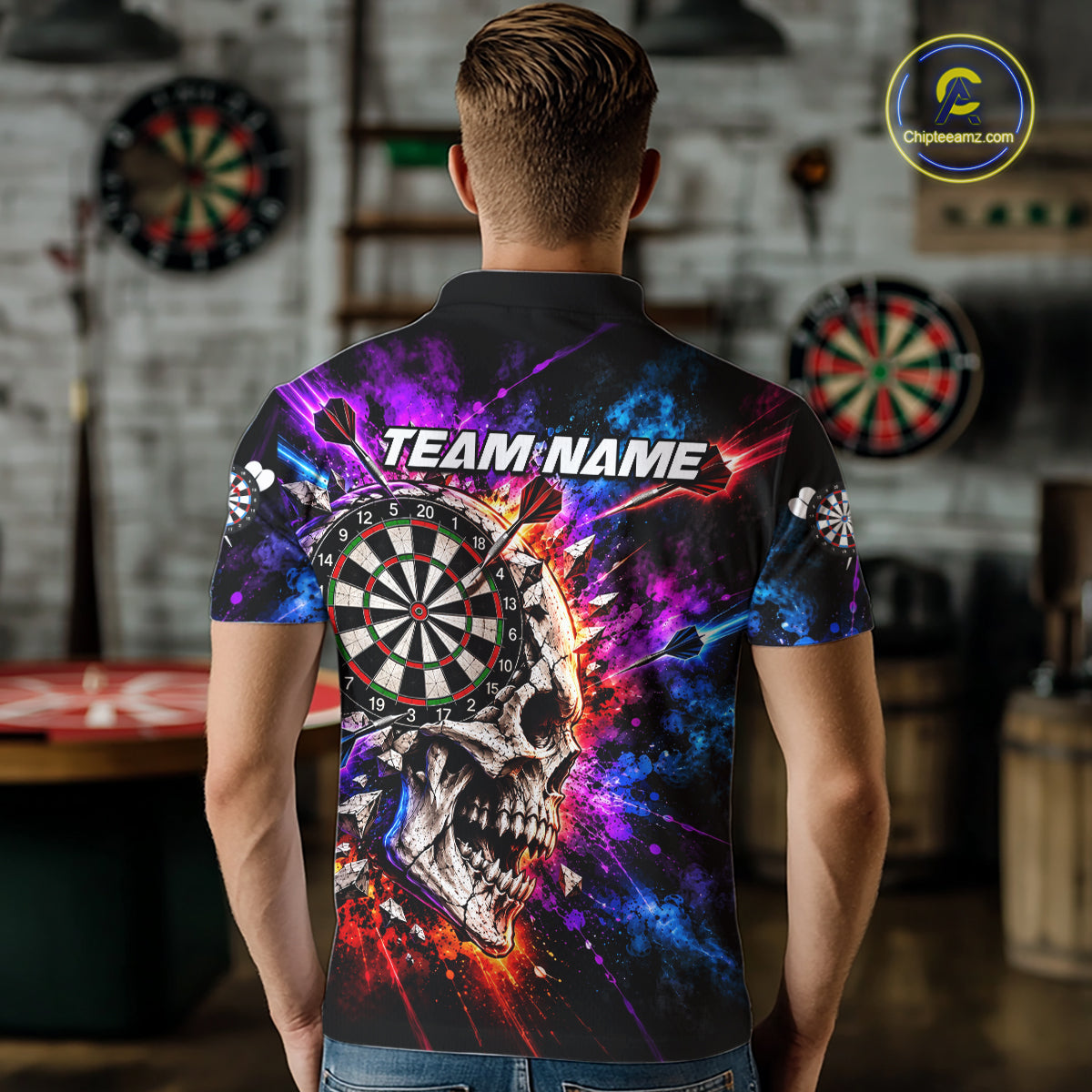 Colorful Splash Skull Darts Polo 1/4-Zip Shirt For Men Personalized Dart Player Match Jersey NHT1649