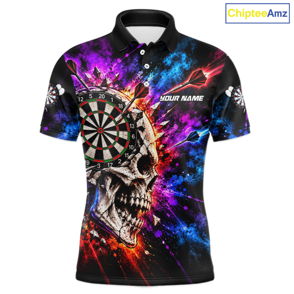 Colorful Splash Skull Darts Polo 1/4-Zip Shirt For Men Personalized Dart Player Match Jersey NHT1649